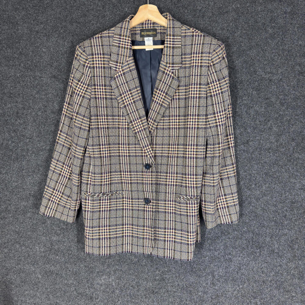 Requirements Blazer Women 16 Beige Plaid Button Up Collared Long Sleeve Wool